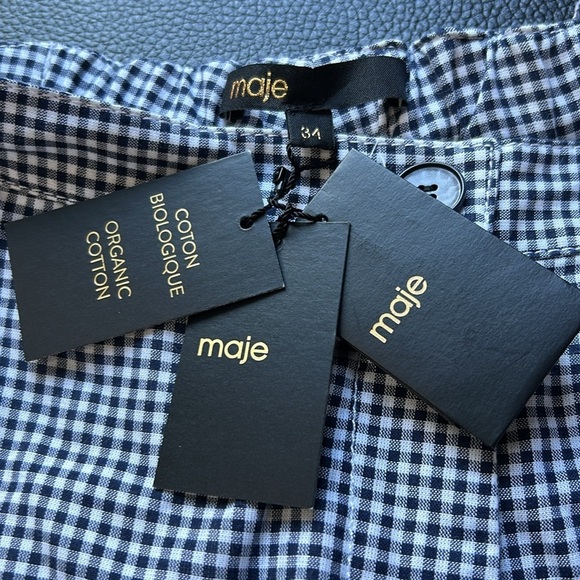 Maje Pitchy Cotton Gingham Ruffled Pants Navy Blue White Trouser Sz 34 XS NEW - Picture 9 of 11